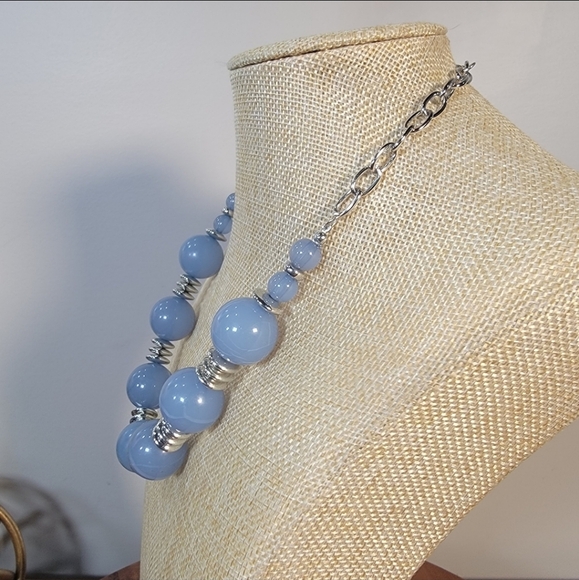 Blue Beaded Necklace With Silver Tone Accents Statement Jewelry - Picture 8 of 15